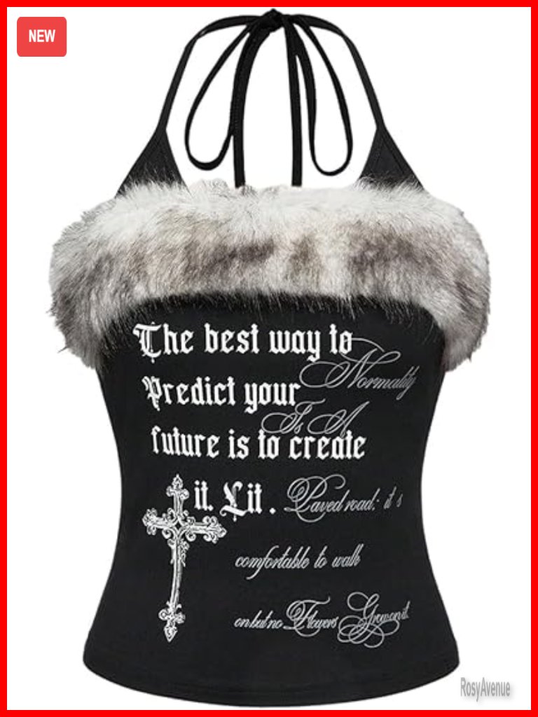 Y2k Goth Fuzzy Halter Crop Top Cross Print Backless Sleeveless Tank Festival